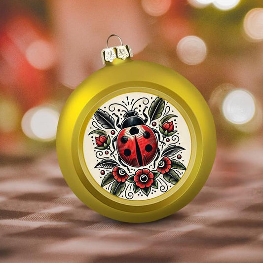 Ornament Set of 2 or 4, Festive Holiday Decor, Christmas Ball Decoration, Custom Ladybug Design, Vintage Lady Bug Sailor Tattoo, Unique Tree
