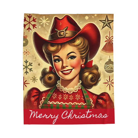 Plush Blanket, Cowgirl Mrs. Claus Design, Fleece Throw, Housewarming Gift, Holiday Home Decor, Rustic Country Christmas Theme, Warm Bedding