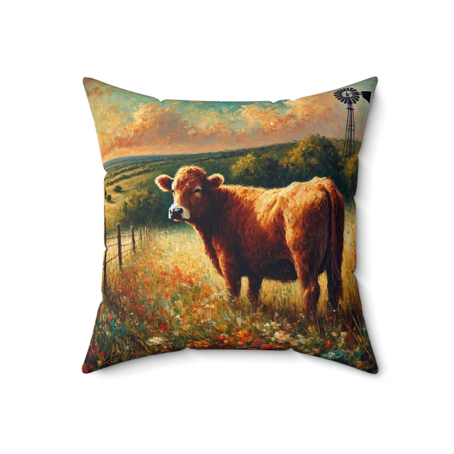 Square Pillow Modern Texas Hill Country Cow Design, Housewarming Gift, Rustic Charm, Soft Throw Pillow, Home Decor, Art Lover Gift