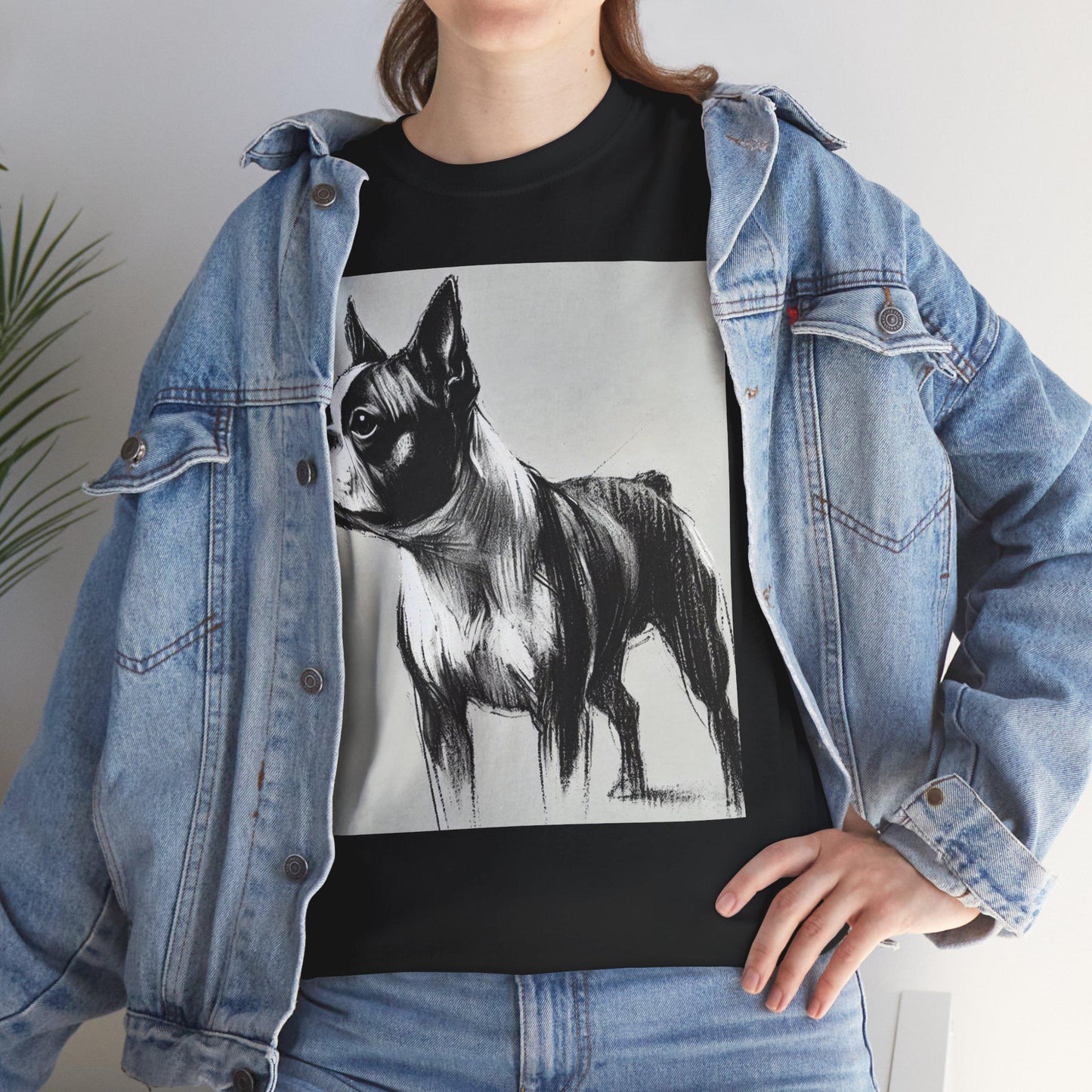 Dog Tee, Boston Terrier Charcoal Sketch Design, Unisex LGBT Boston Dog Lover Gift, Gay Graphic Top, Unisex Heavy Cotton T-shirt, 7 Colors