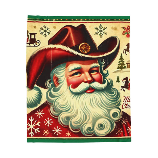 Plush Blanket, Cowboy Santa Claus Design, Fleece Throw, Housewarming Gift, Holiday Home Decor, Rustic Country Christmas Theme, Warm Bedding