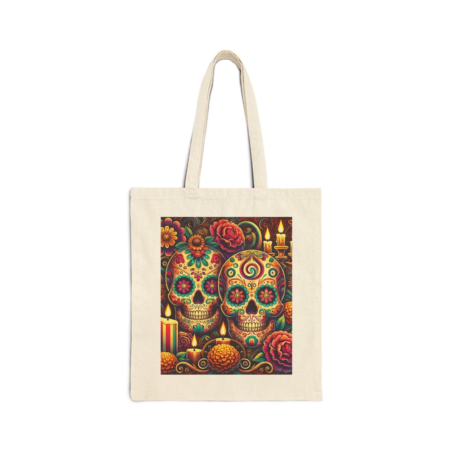 Sugar Skulls Cotton Canvas Tote Bag, Day of the Dead, Durable Market Bag, Boho Shopping Tote, Reusable Grocery Bag, Eco-Friendly Bag
