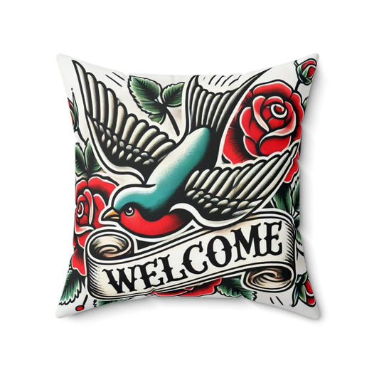 Square Pillow, Vintage Tattoo WELCOME Design, Retro Charm, Housewarming Gift, Spun Polyester Cushion Cover, Tattoo Lover, Soft Throw Pillow