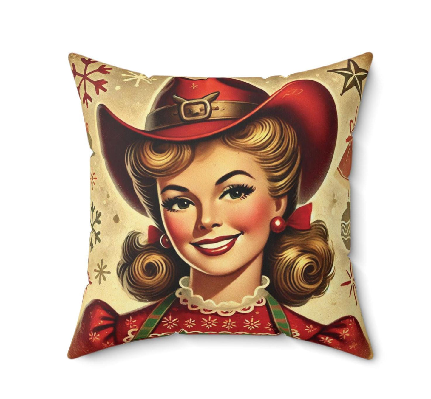 Christmas Cowgirl Throw Pillow (14"x14" Square), Holiday Gifts, Christmas Decor, Country Mrs. Claus