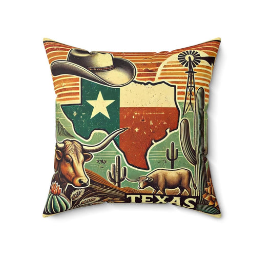 Texas Longhorn Square Pillow, Vintage Cowboy Charm, Housewarming Gift, Rustic Decor, Birthday Gift, Spun Polyester Pillow