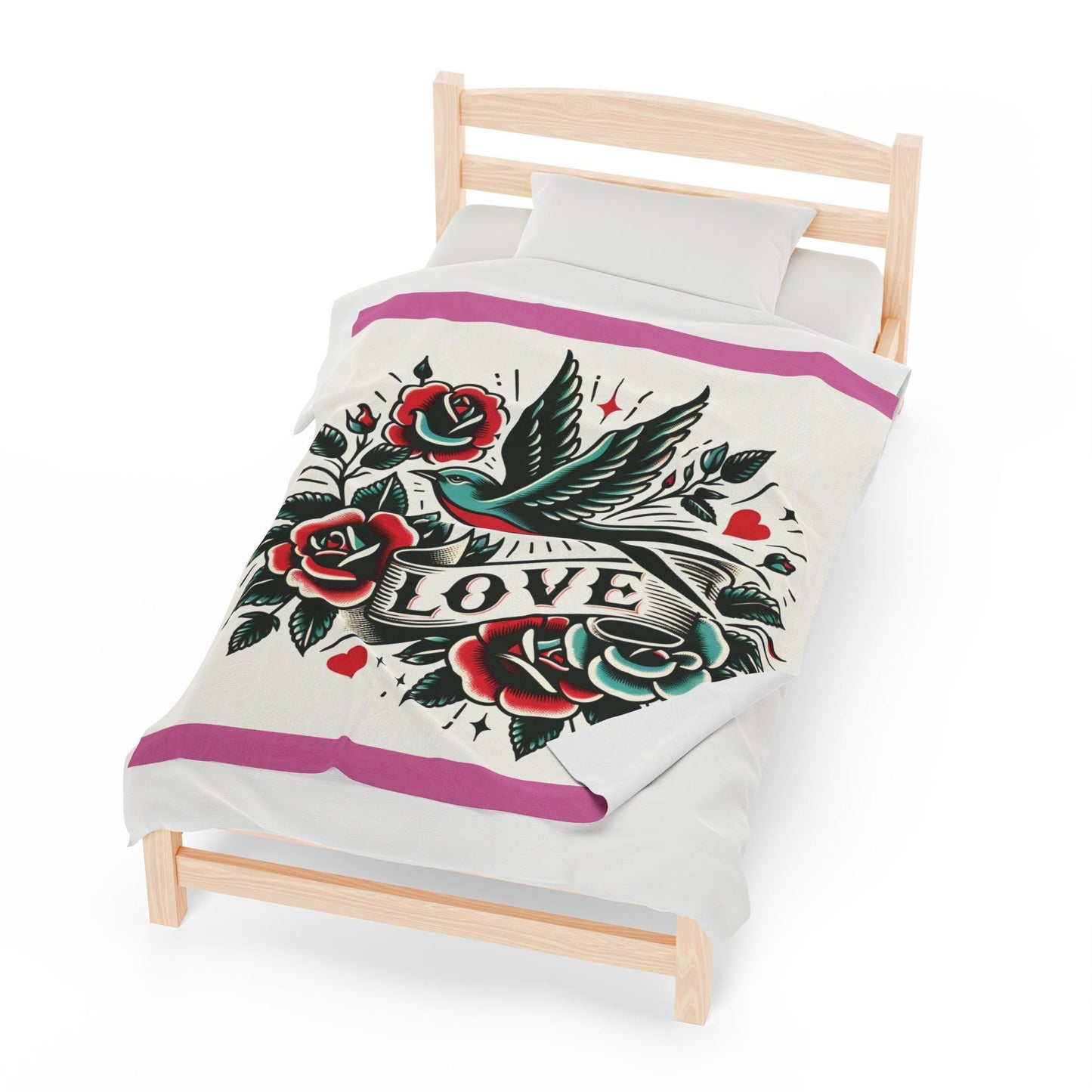 Bird Plush Blanket - Vintage Tattoo LOVE Design, Fleece Throw, Housewarming Gift, Nature Theme, Warm Bedding, Tattoo Lover