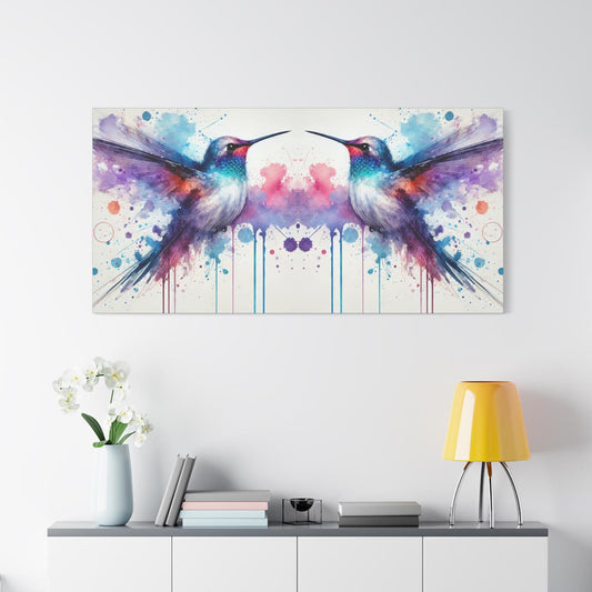 Matte Canvas Print, Original Abstract Watercolor Hummingbird Reflection 1 Portrait, Modern Stretched Wall Art, 7 Sizes, Stately Home Decor