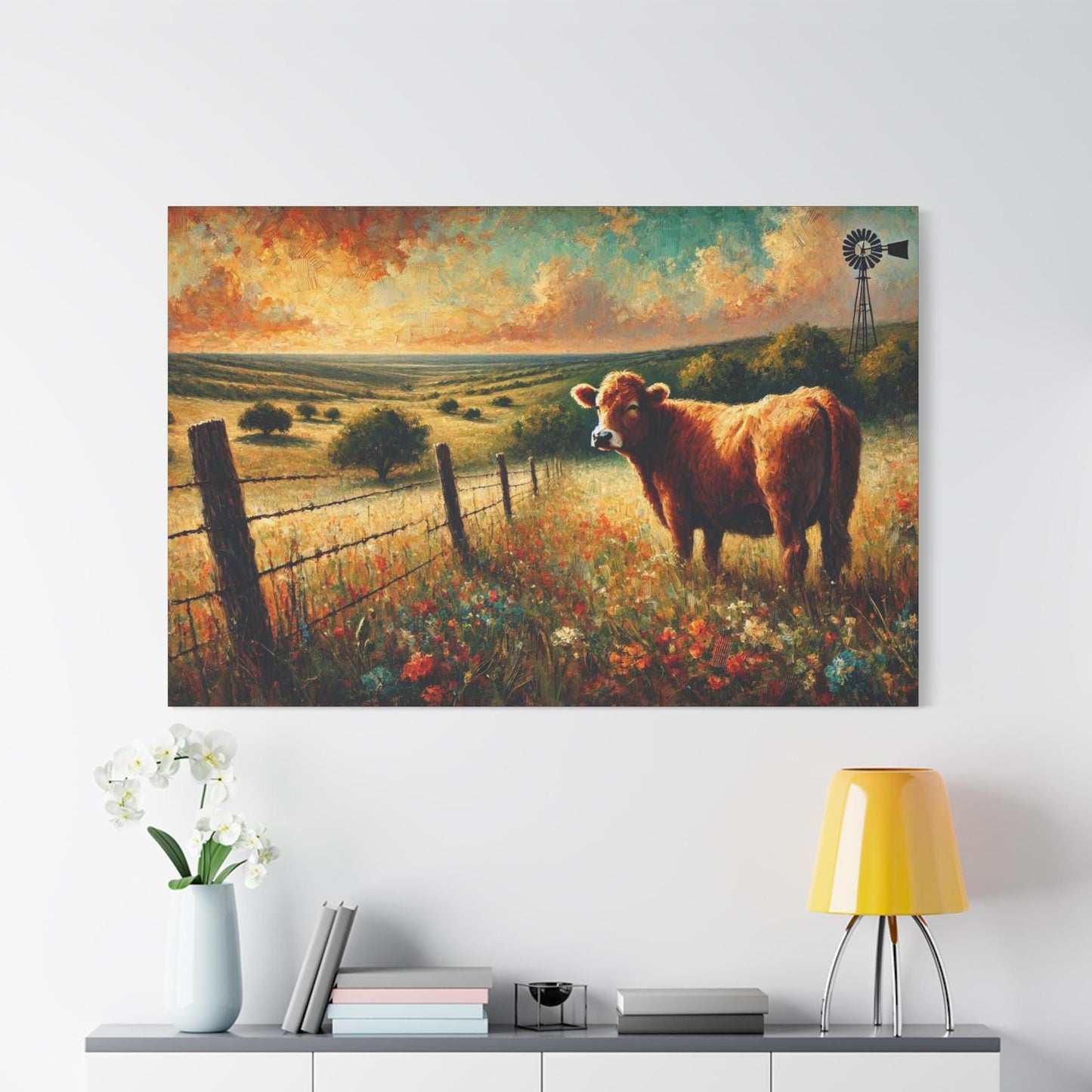 Impressionist Hill Country Canvas Cow Print, Matte Stretched Art, 7 Sizes Available, Wall Decor, Landscape Painting, Home Office Decor