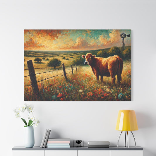 Impressionist Hill Country Canvas Cow Print, Matte Stretched Art, 7 Sizes Available, Wall Decor, Landscape Painting, Home Office Decor