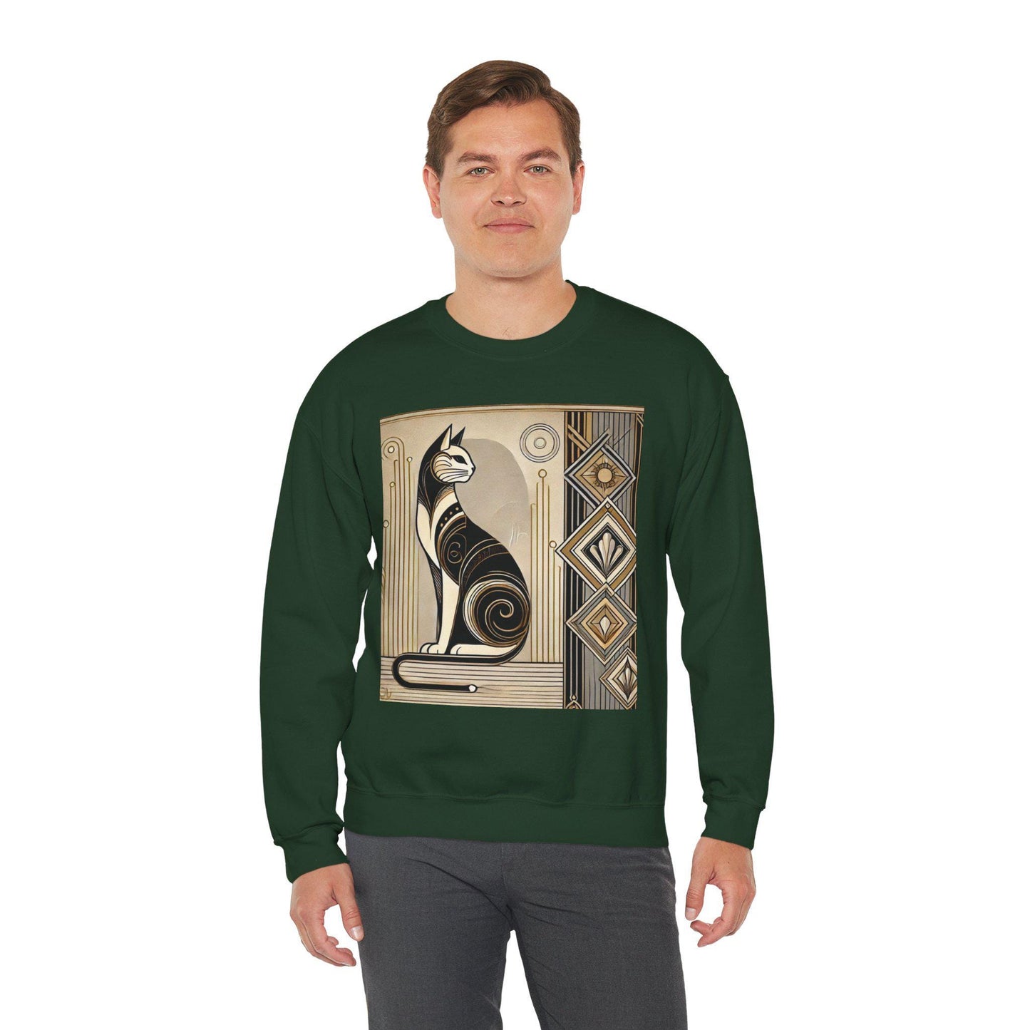Cat Sweatshirt, Art Deco Design, Unisex Crewneck Jumper, Vintage Pullover, Gift for Cat Lover, Retro Style