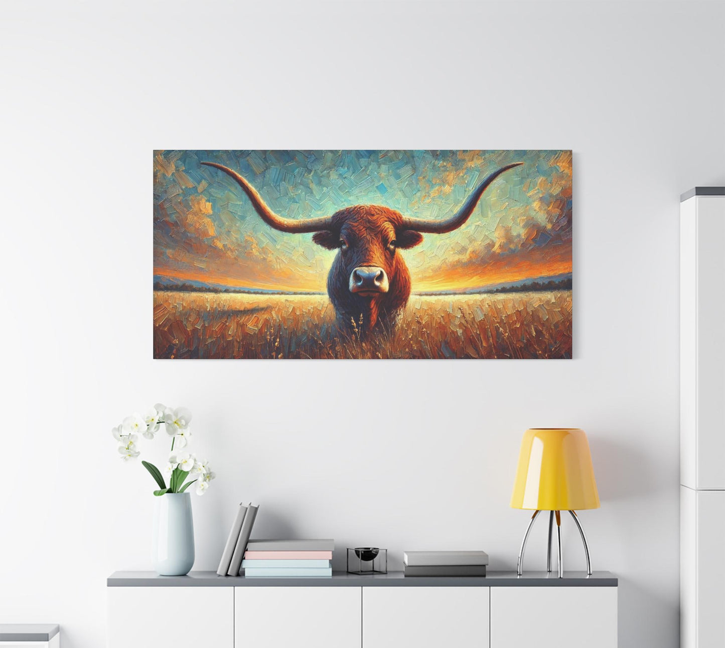 Original Impressionist Longhorn Canvas Print, Matte Stretched Art, 7 Sizes Available, Wall Decor, Landscape Painting, Home Office Decor