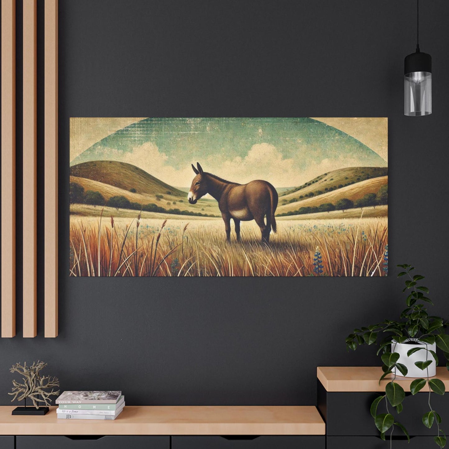 Original Primitive Folk Art Mule Canvas Print, Matte Stretched Art, 7 Sizes Available, Wall Decor, Landscape Painting, Home Office Decor