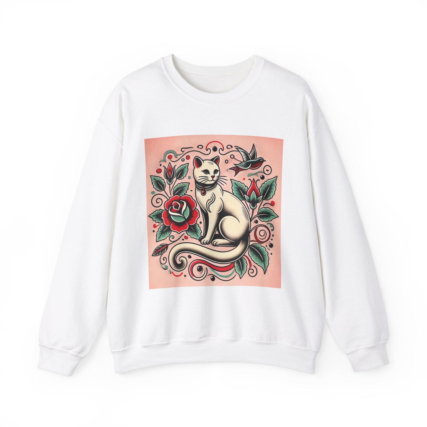Cat Sweatshirt, Vintage Tattoo Design, Unisex Crewneck Jumper, Bee Pullover, Gift for Cat Lover, Retro Style, Cat Parent