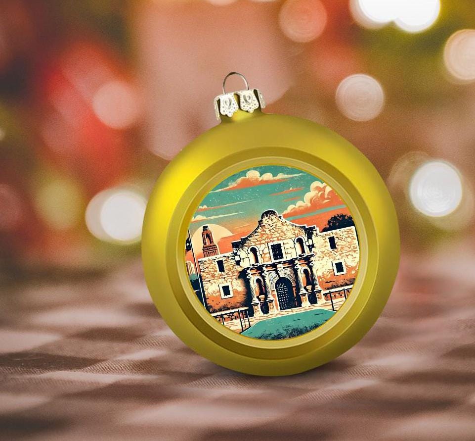 Ornament Set of 2 or 4, Festive Holiday Decor, Christmas Ball Decoration, Custom Texas Alamo Design, San Antonio Travel Gift, Texan Gift