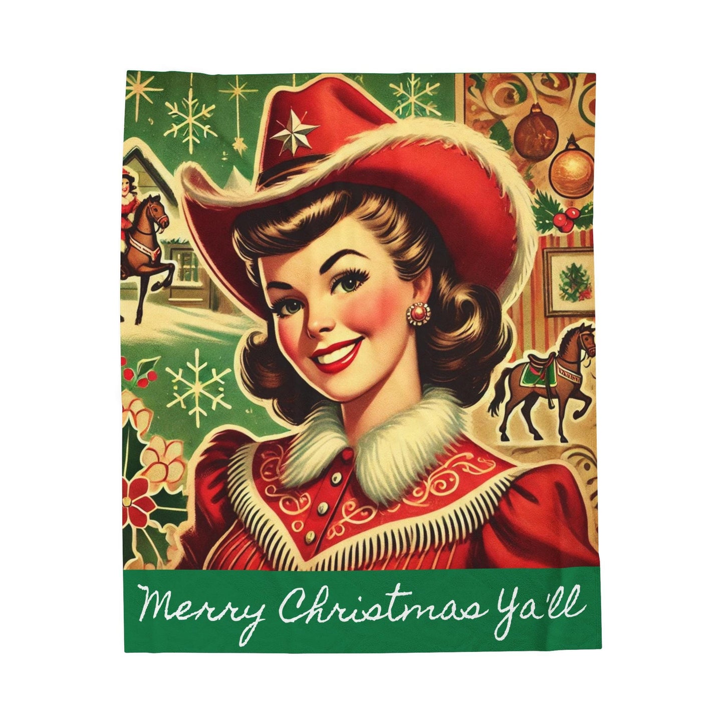Plush Blanket, Cowgirl Mrs. Claus Design, Fleece Throw, Housewarming Gift, Holiday Home Decor, Rustic Country Christmas Theme, Warm Bedding