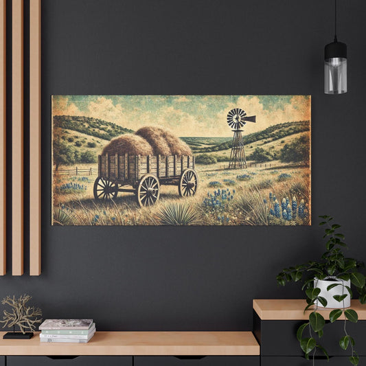 Original Primitive Folk Art Hay Wagon Canvas Print, Matte Stretched Wall Art, 7 Sizes Available, Landscape Painting, Home Office Decor