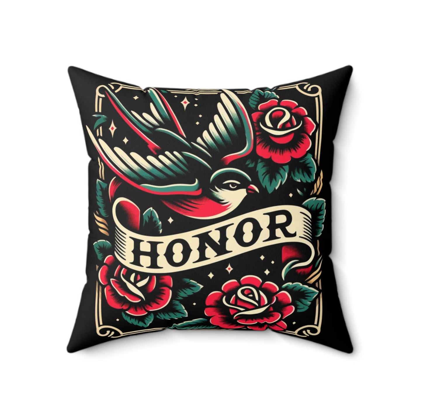 Square Pillow, Vintage Tattoo HONOR Design, Retro Charm, Housewarming Gift, Spun Polyester Cushion Cover, Tattoo Lover, Soft Throw Pillow