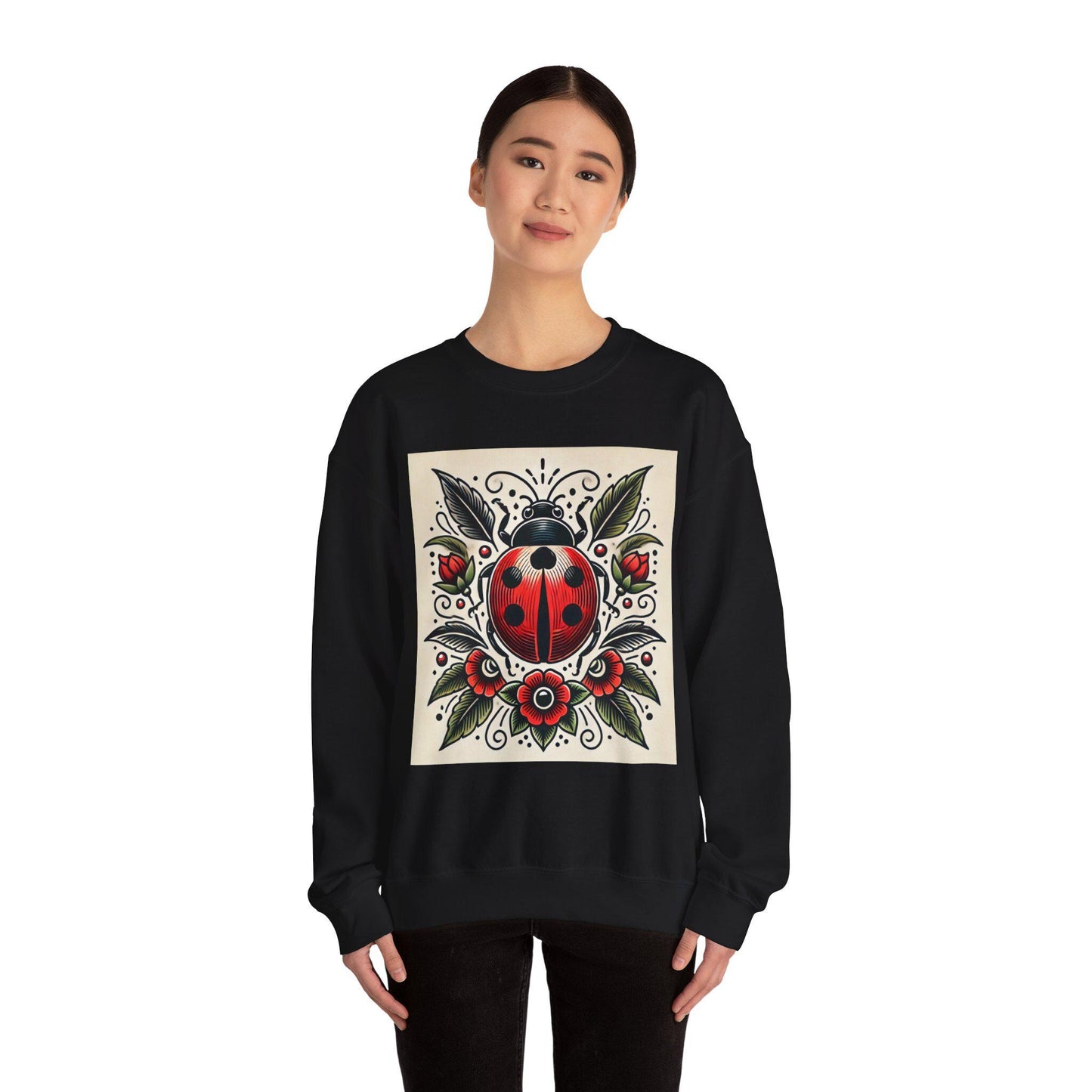 Lady Bug Sweatshirt, Vintage Tattoo Design, Unisex Crewneck Jumper, Bee Pullover, Gift for Nature Lover, Retro Style, Gardening