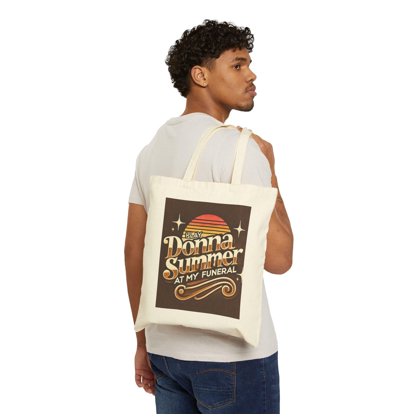 Canvas Tote Bag, Play Donna Summer Funeral Design, LGBT Eco-Friendly Bag, Queer Book Lover Gift, Reusable Shopping Bag, Gay Music Lover Gift