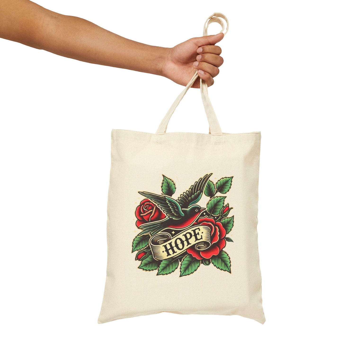 Bird Tote Bag, HOPE Vintage Tattoo Design, Durable Market Bag, Tattoo Lover Gift, Reusable Grocery Bag, Eco-Friendly, Canvas Tote, Nature