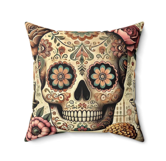 Day of the Dead Square Pillow, Colorful Sugar Skulls, Dia de los Muertos Decor, Halloween Pillow, Day of the Dead Gift, 14x14 Pillow