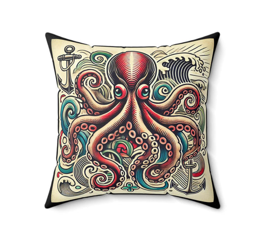 Octopus Square Pillow, Vintage Sailor Tattoo Design, Retro Charm, Housewarming Gift, Spun Polyester Cover, Tattoo Lover, Throw Pillow