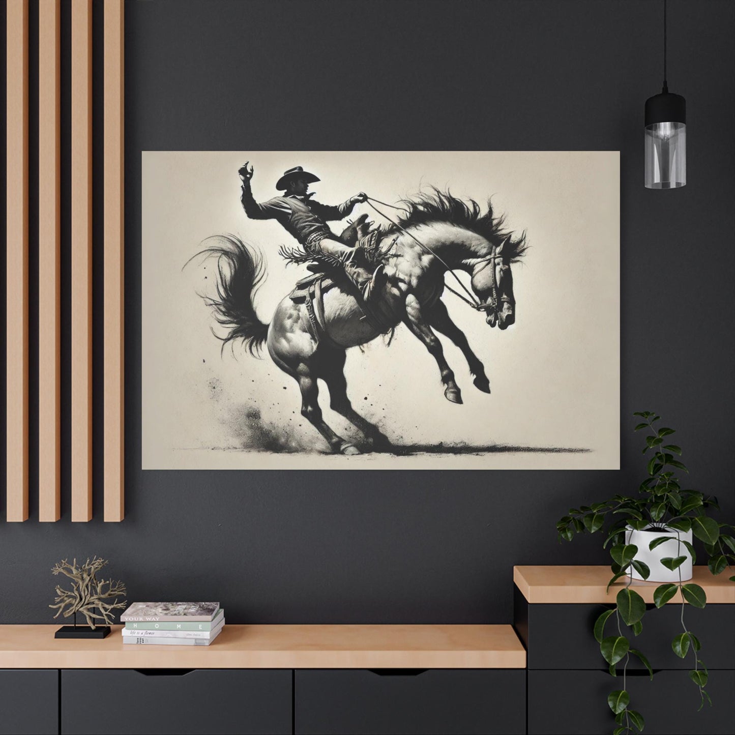 Cowboy Canvas Print, Original Charcoal Sketch, Bucking Bronco, Modern Western Matte Stretched Art, Home & Office Wall Decor, 7 Custom Sizes