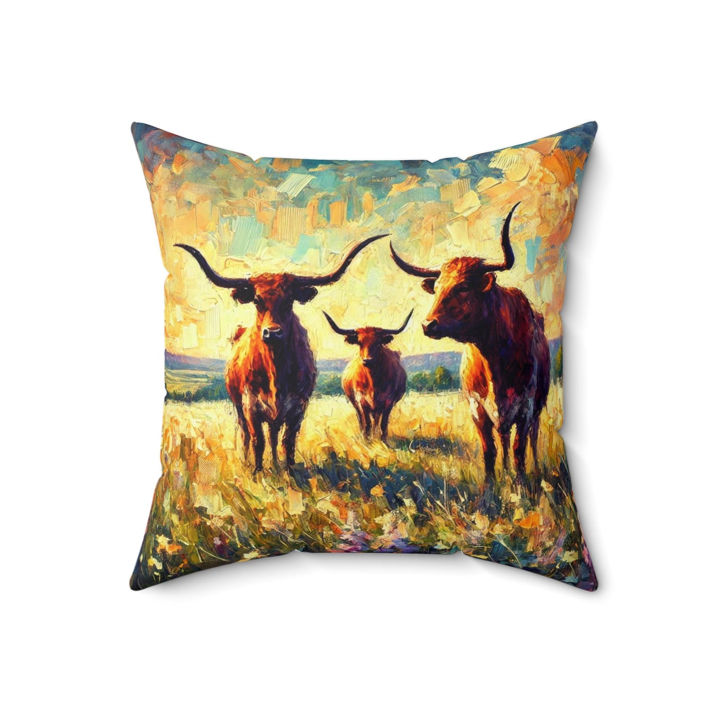 Square Pillow Modern Texas Hill Country Longhorn Design, Housewarming Gift, Rustic Charm, Soft Throw Pillow, Home Decor, Art Lover Gift