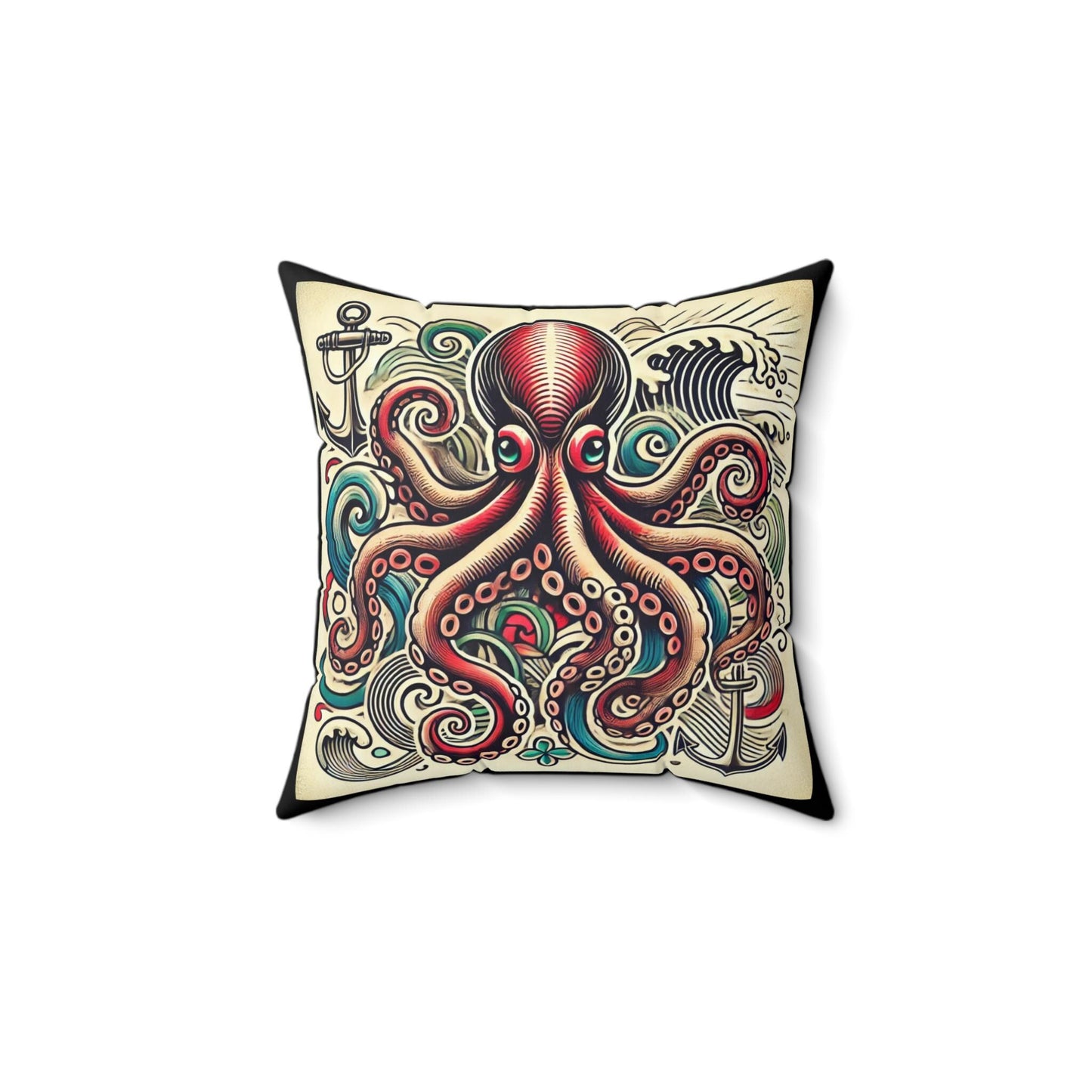 Octopus Square Pillow, Vintage Sailor Tattoo Design, Retro Charm, Housewarming Gift, Spun Polyester Cover, Tattoo Lover, Throw Pillow
