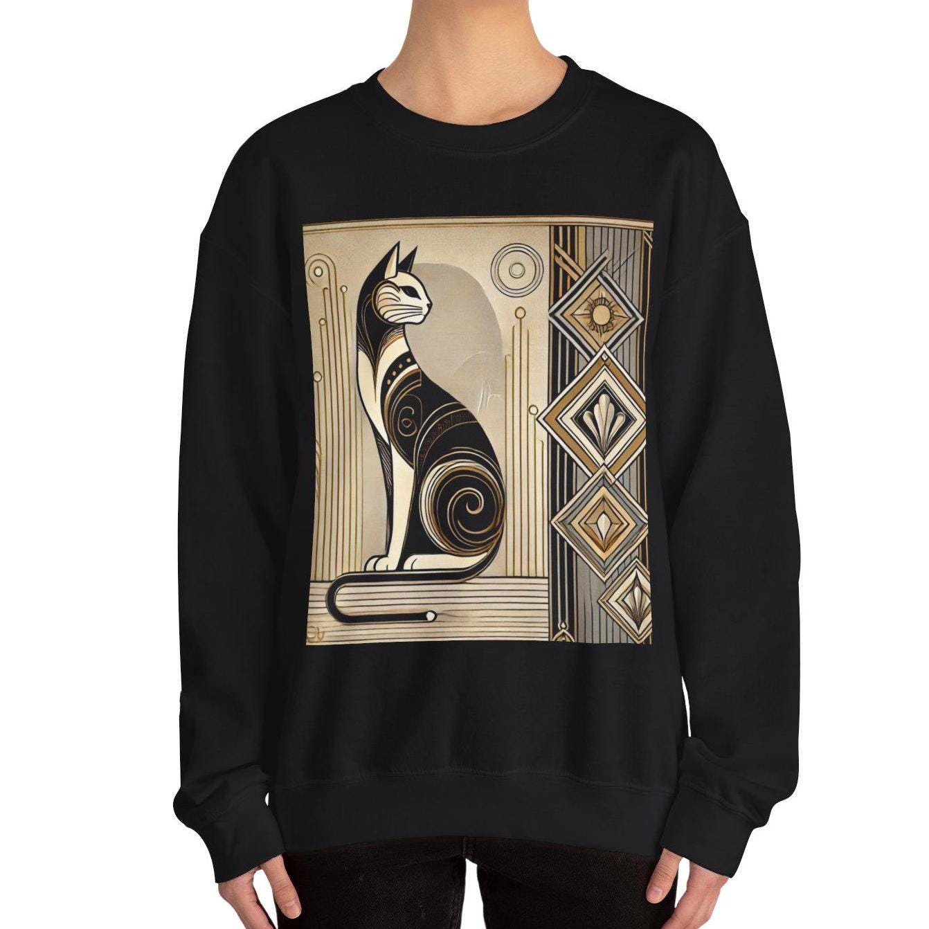 Cat Sweatshirt, Art Deco Design, Unisex Crewneck Jumper, Vintage Pullover, Gift for Cat Lover, Retro Style