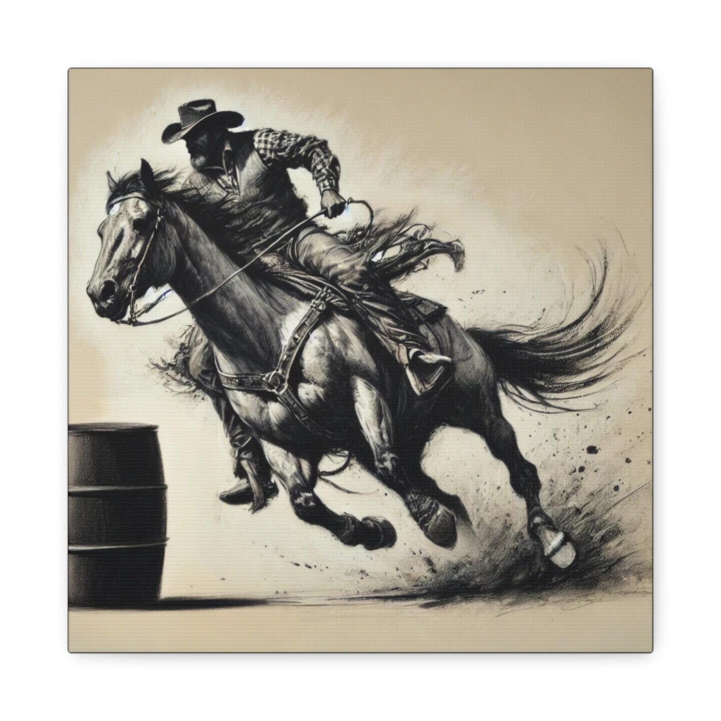 Canvas Print, Cowboy Charcoal Sketch Barrel Racer Design, Rustic Home Decor, Animal Lover Gift, Nature Print, Matte Stretched Wall Art