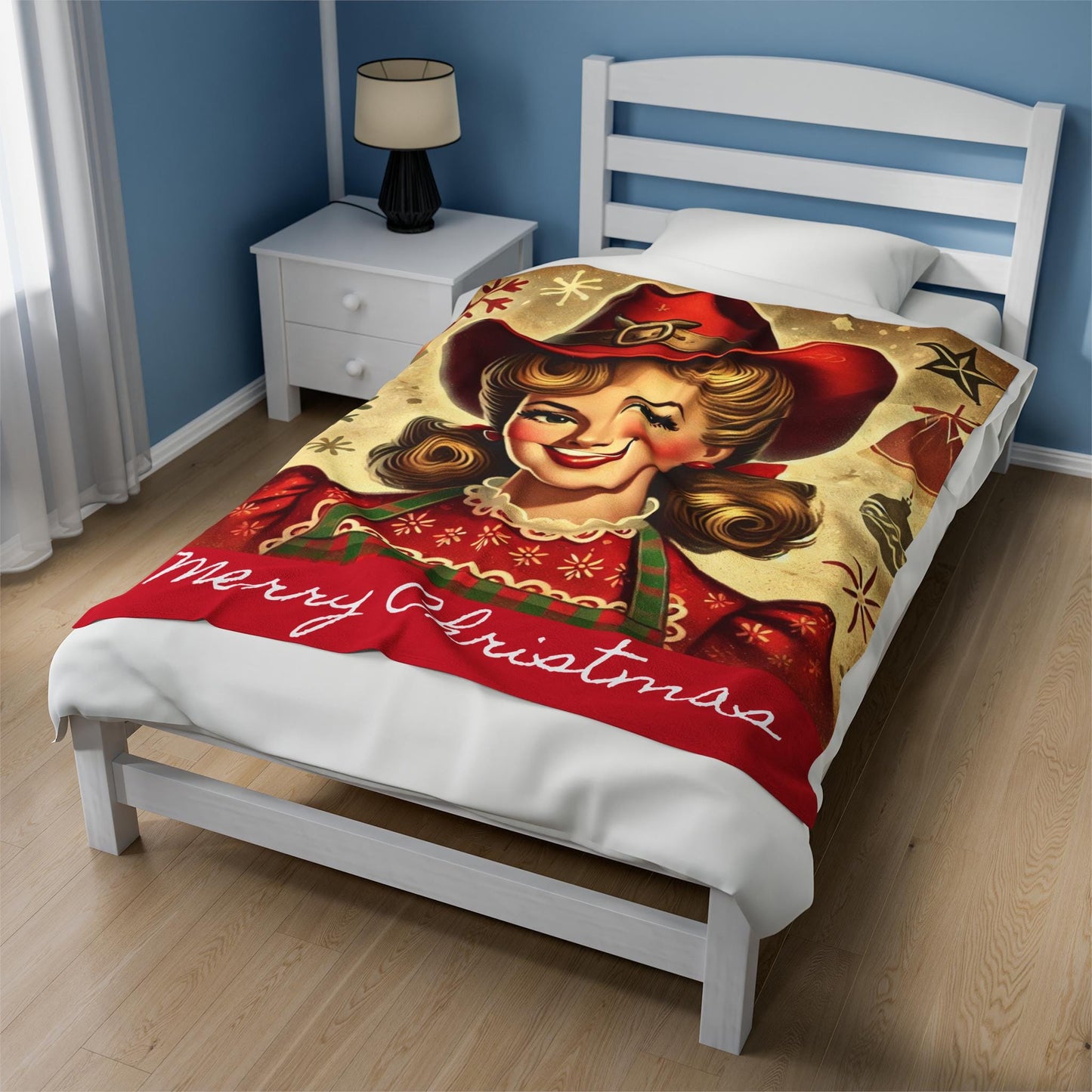 Plush Blanket, Cowgirl Mrs. Claus Design, Fleece Throw, Housewarming Gift, Holiday Home Decor, Rustic Country Christmas Theme, Warm Bedding