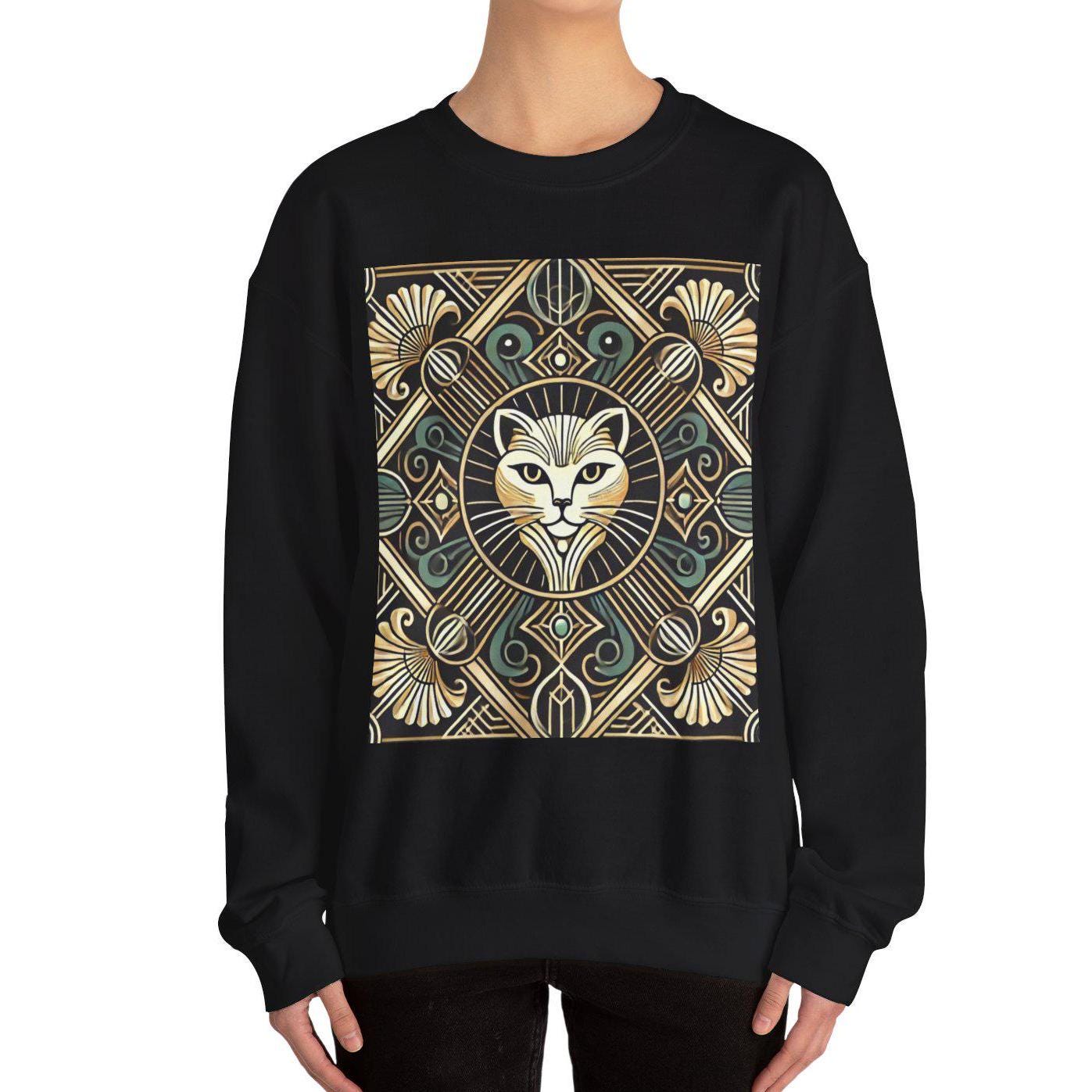 Cat Sweatshirt, Art Deco Design, Unisex Crewneck Jumper, Vintage Pullover, Gift for Cat Lover, Retro Style