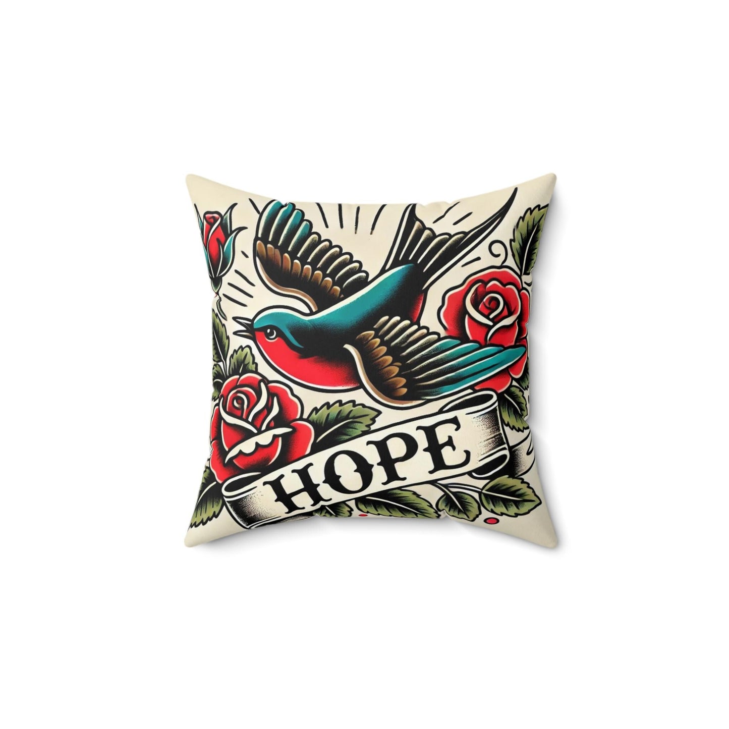 Square Pillow, Vintage Tattoo HOPE Design, Retro Charm, Housewarming Gift, Spun Polyester Cushion Cover, Tattoo Lover, Soft Throw Pillow