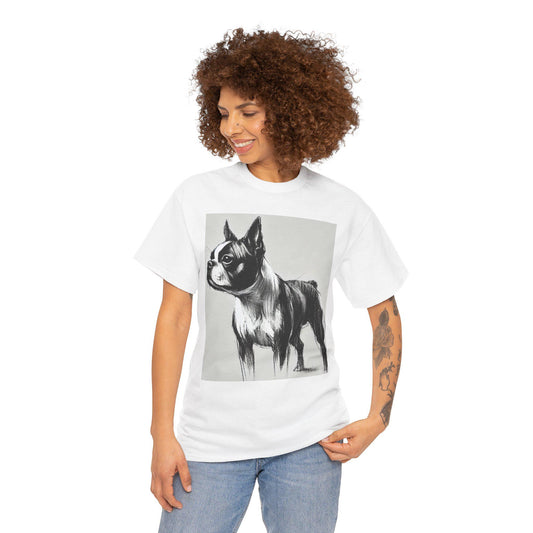 Dog Tee, Boston Terrier Charcoal Sketch Design, Unisex LGBT Boston Dog Lover Gift, Gay Graphic Top, Unisex Heavy Cotton T-shirt, 7 Colors
