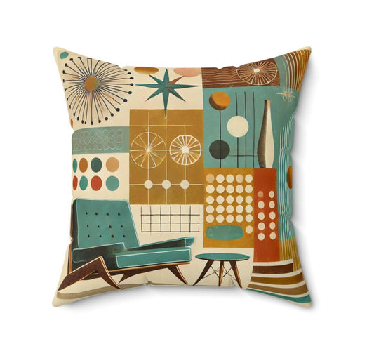 Mid-Century Modern Theme Throw Pillow (14"x14" Square), Housewarming Gifts and Decor, Birthday Gift, Christmas Gift, Vintage Charm