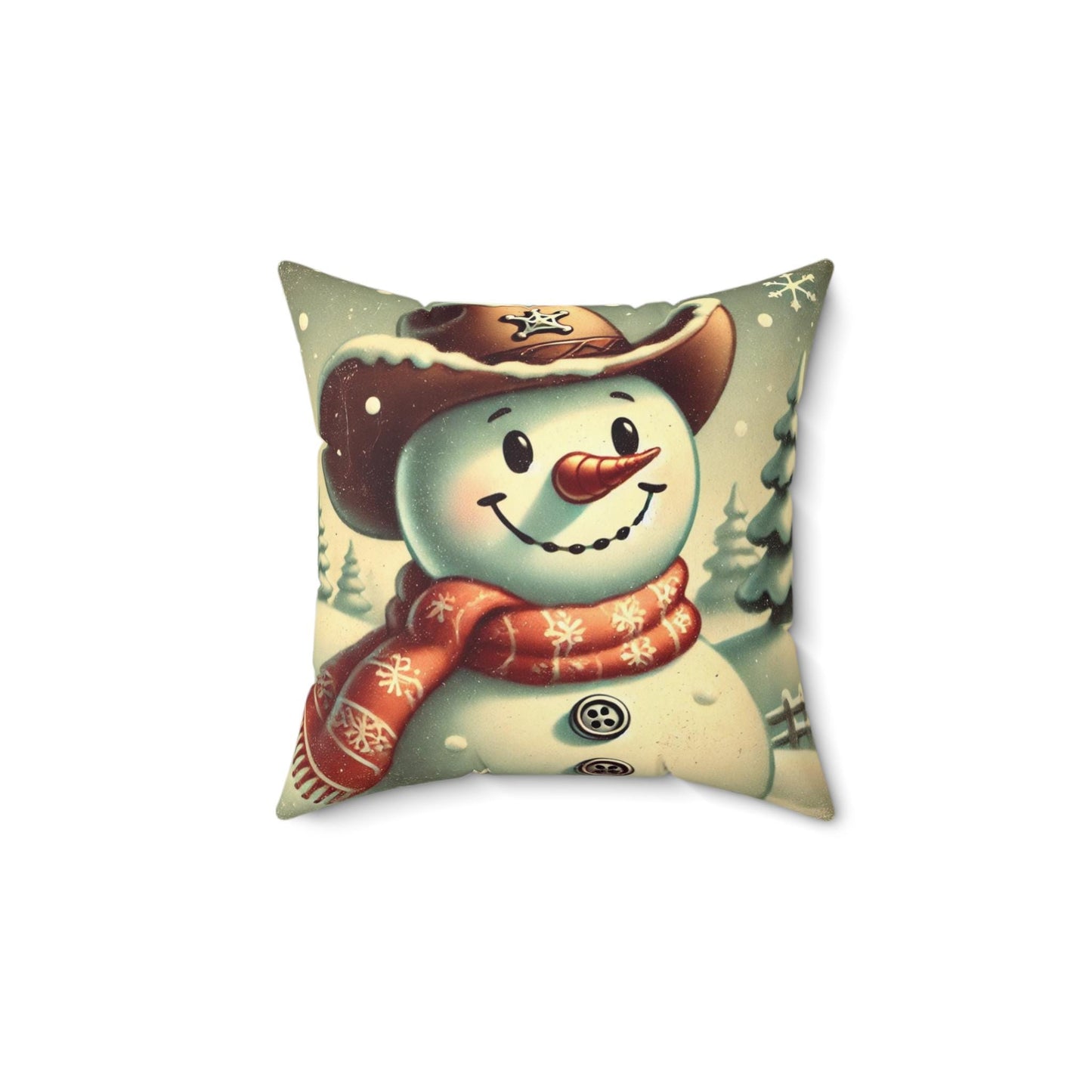 Christmas Pillow Frosty Cowboy Snowman (14"x14" Square), Holiday Gifts, Christmas Village, Season's Greetings