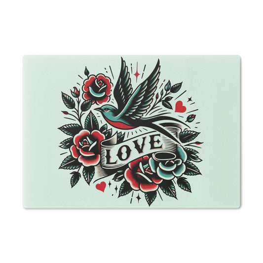 Cutting Board, Vintage Tattoo LOVE Design, Cool Kitchen Decor - Housewarming Gift, Foodie Gift, Bird Gift, Tattoo Lover