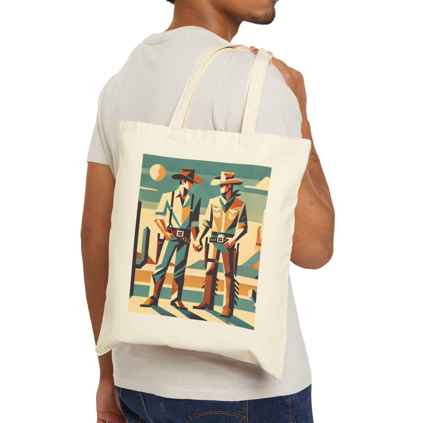 Canvas Tote Bag, Modern Southwestern Gay Cowboys Holding Hands Design, LGBT Eco-Friendly Bag, Queer Book Lover Gift, Reusable Grocery Bag