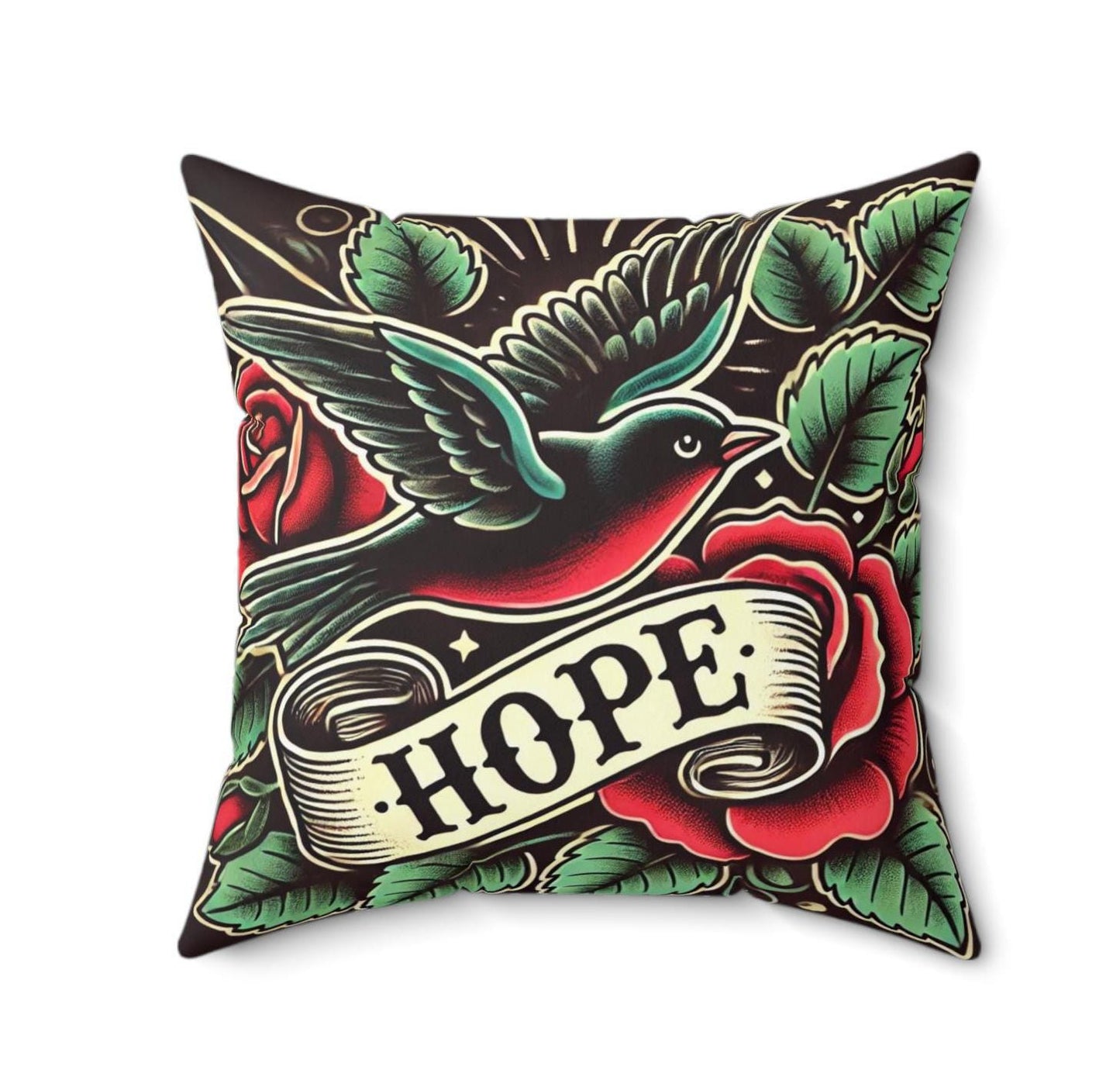 Square Pillow, Vintage Tattoo HOPE Design, Retro Charm, Housewarming Gift, Spun Polyester Cushion Cover, Tattoo Lover, Soft Throw Pillow