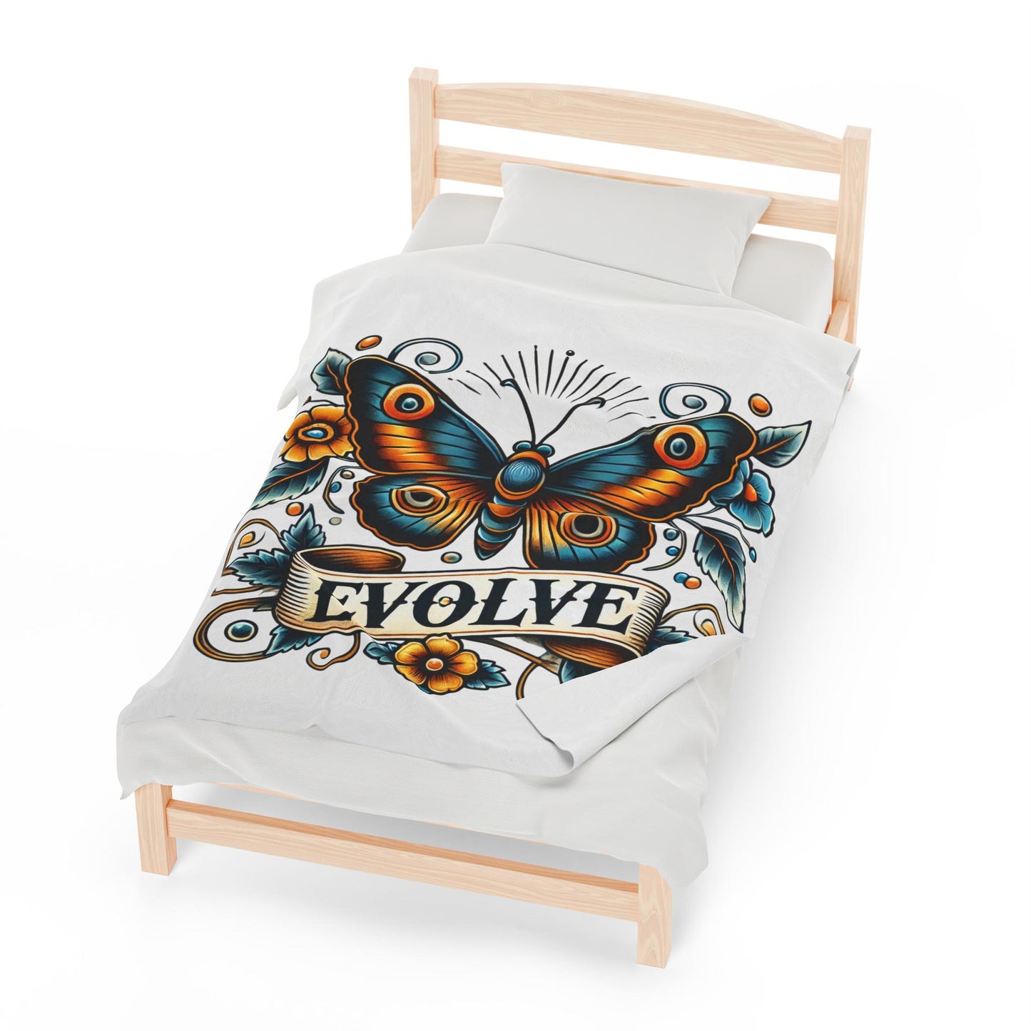 Butterfly Plush Blanket - Vintage Tattoo EVOLVE Design, Fleece Throw, Housewarming Gift, Nature Theme, Warm Bedding, Tattoo Lover