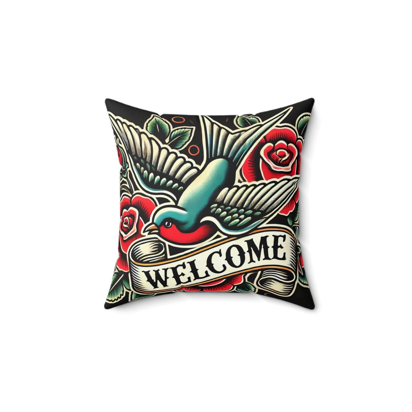 Square Pillow, Vintage Tattoo WELCOME Design, Retro Charm, Housewarming Gift, Spun Polyester Cushion Cover, Tattoo Lover, Soft Throw Pillow