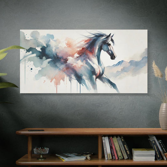 Matte Canvas Print, Original Abstract Watercolor Bright Horse Landscape Portrait, Chic Stretched Wall Art, 7 Sizes, Stately Home Decor