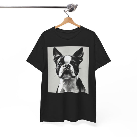 Dog Tee, Boston Terrier Charcoal Sketch Design, Unisex LGBT Boston Dog Lover Gift, Gay Graphic Top, Unisex Heavy Cotton T-shirt, 7 Colors