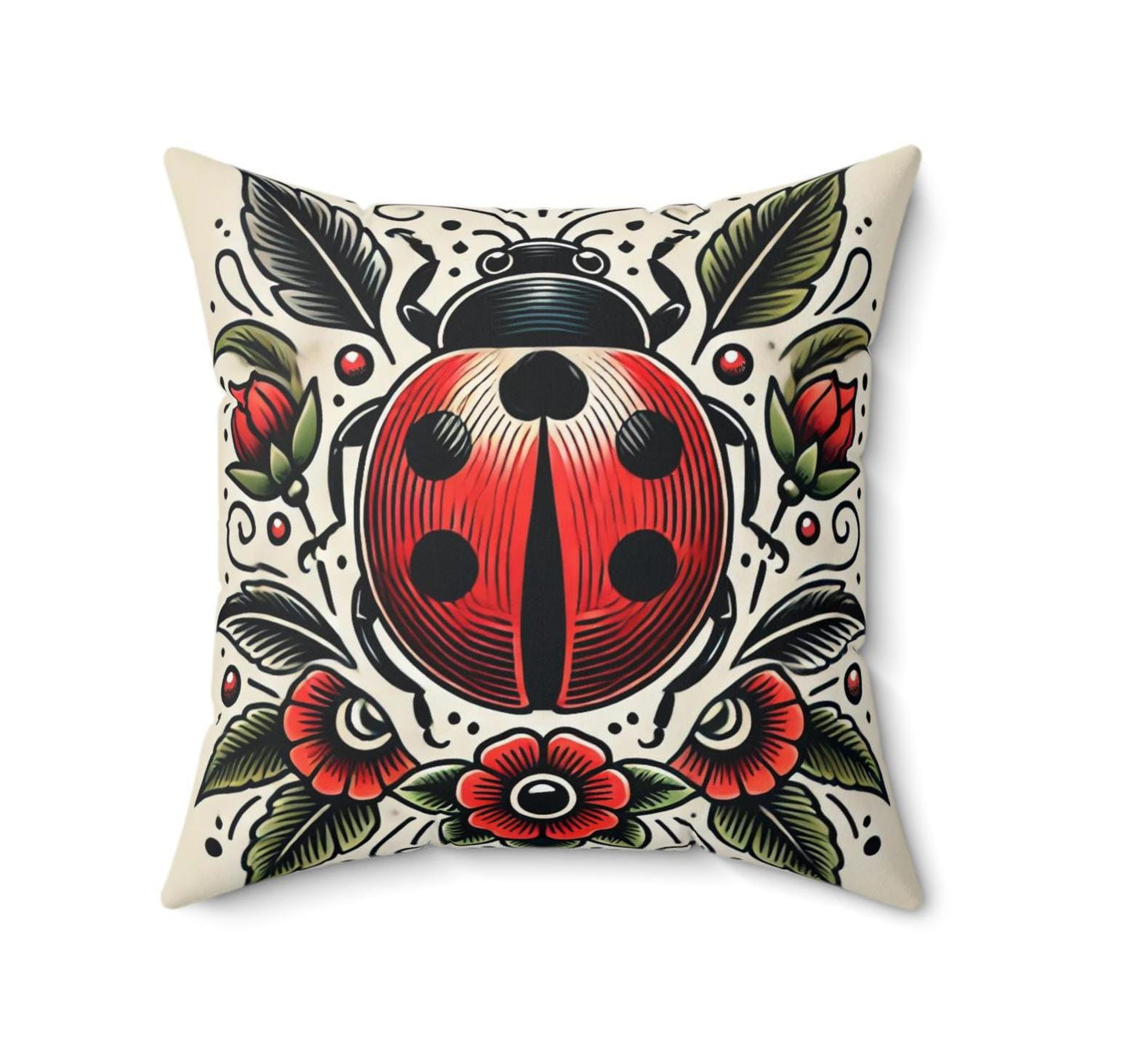 Ladybug Square Pillow, Vintage Tattoo Design, Retro Charm, Housewarming Gift, Spun Polyester Cushion Cover, Nature Lover, Soft Throw Pillow
