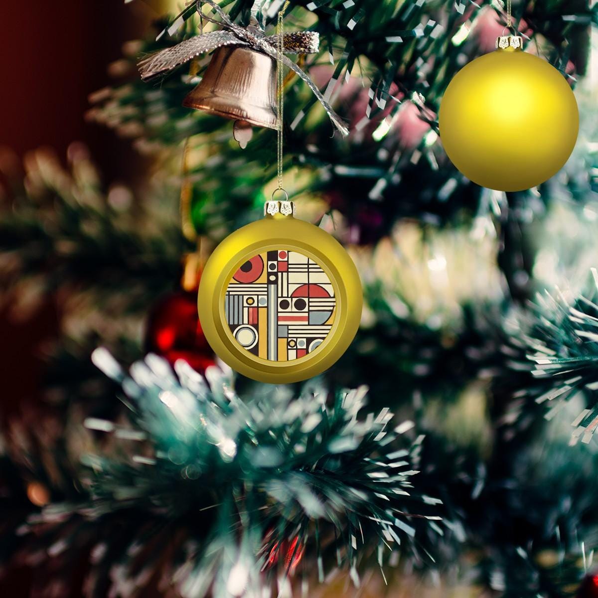 Ornament Set of 2 or 4, Festive Holiday Decor, Christmas Ball Decoration, Custom Bauhaus Design, Unique Mid-Century Modern Tree Trim