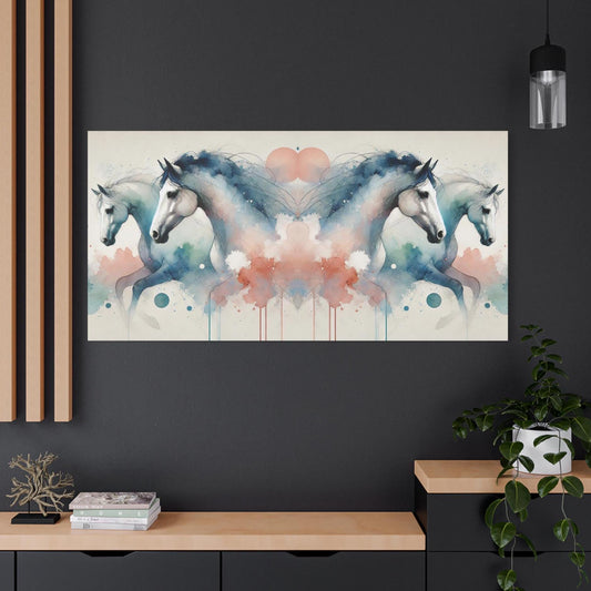 Matte Canvas Print, Original Abstract Watercolor Mirrored Horses Landscape Portrait, Matte Stretched Wall Art, 7 Sizes, Stately Home Decor