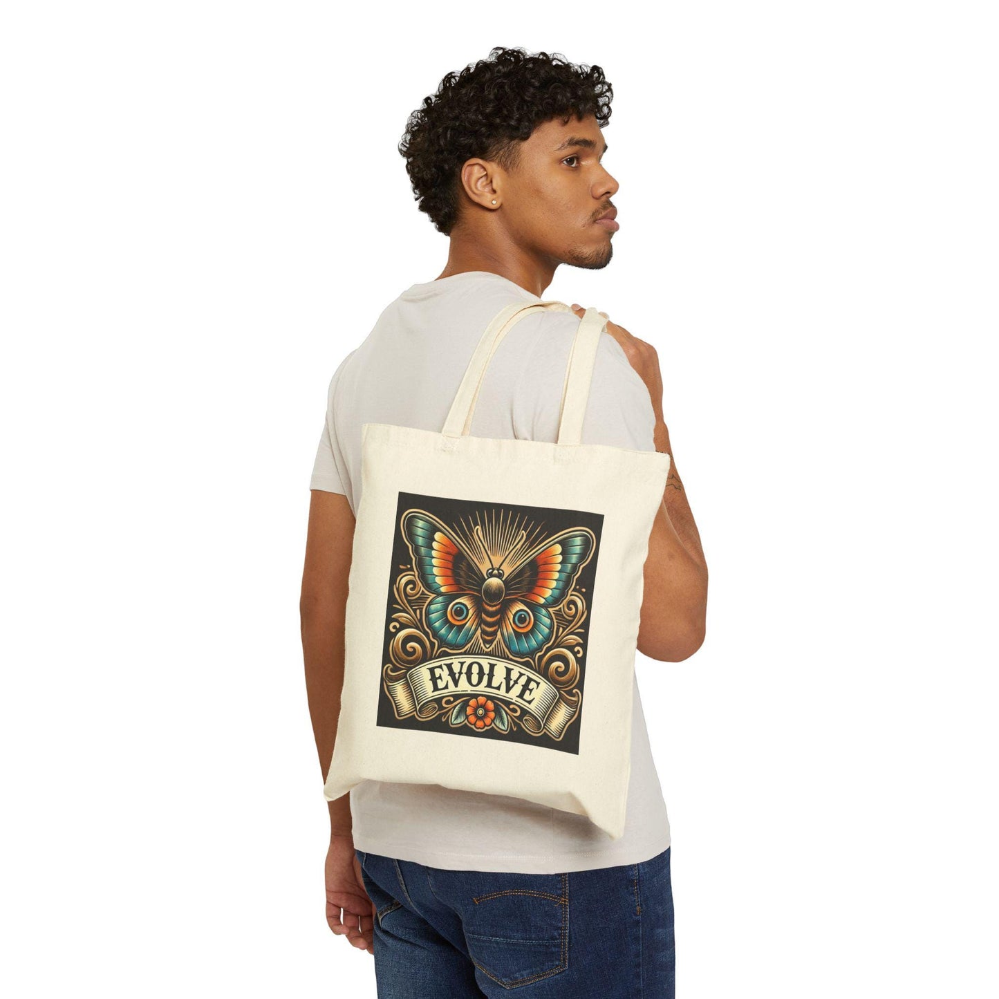 Butterfly Tote Bag, EVOLVE Vintage Tattoo Design, Durable Market Bag, Book Lover Gift, Reusable Grocery Bag, Eco-Friendly, Canvas Tote