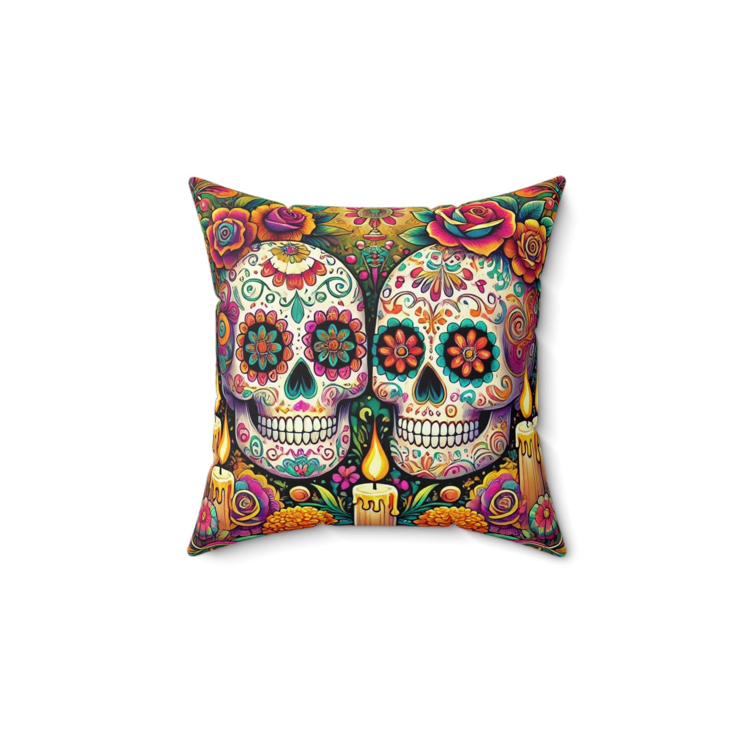 Day of the Dead Square Pillow, Colorful Sugar Skulls, Dia de los Muertos Decor, Halloween Pillow, Day of the Dead Gift, 14x14 Pillow