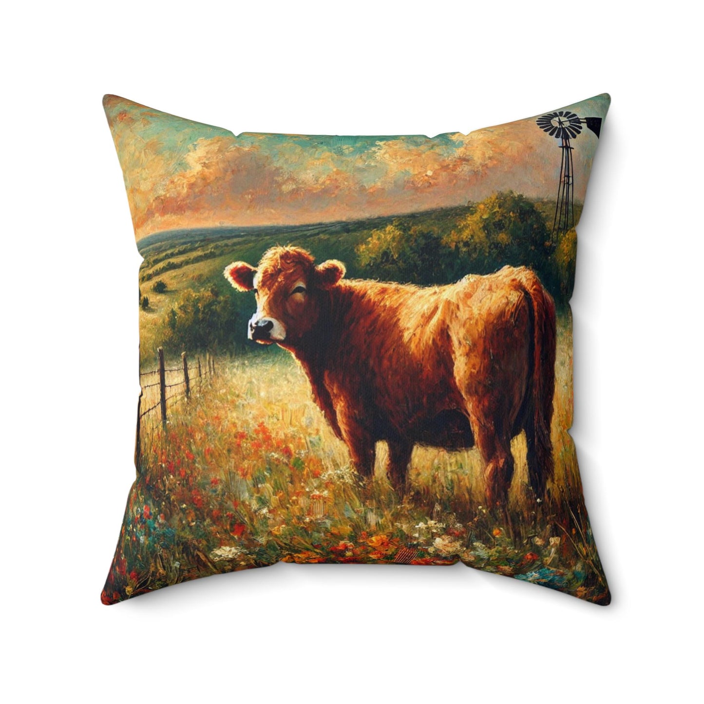 Square Pillow Modern Texas Hill Country Cow Design, Housewarming Gift, Rustic Charm, Soft Throw Pillow, Home Decor, Art Lover Gift